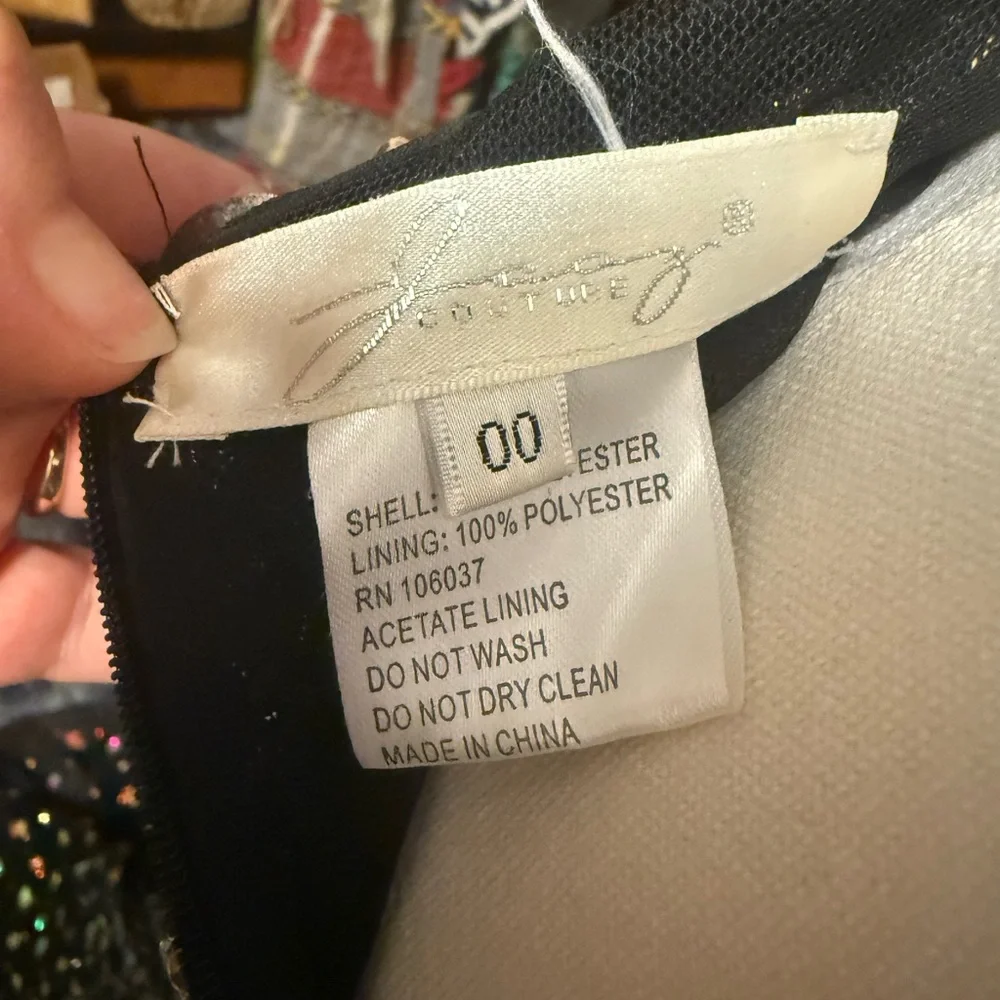 Elegant Prom Gown. Black with Gold/green/red crystals with a train. Size 00 - Picture 7 of 10